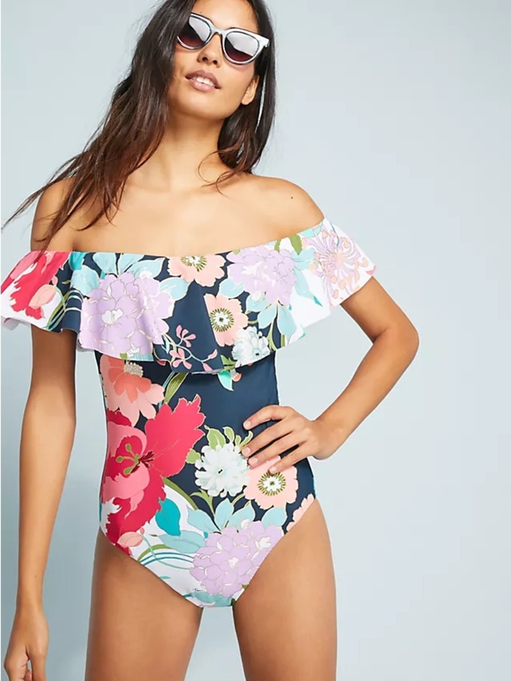 Trina Turk Royal Botanical off-the-shoulder ruffle one-piece swimsuit Blue SZ 14